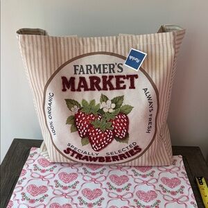 NWT-BEADED (one side) Striped Farmer's Market Tote Bag with Strawberry Design